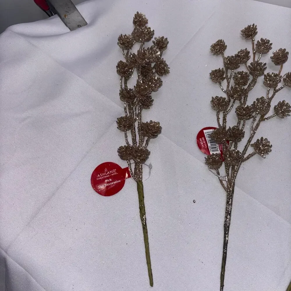 Glittery Gold Artificial Pine Cone Stems - Lot of 3